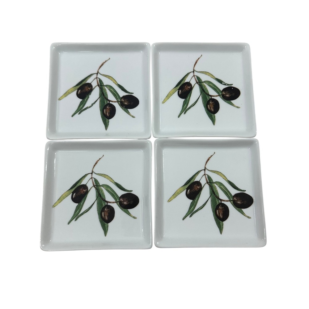 Crate & Barrel Olive Branch Porcelain Square Appetizer Plates Set of 4 White